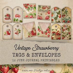 Strawberry Junk Journal Tags & Mini Envelopes, Strawberry Junk Journal Kit Extras, Printable Ephemera, Paper Craft