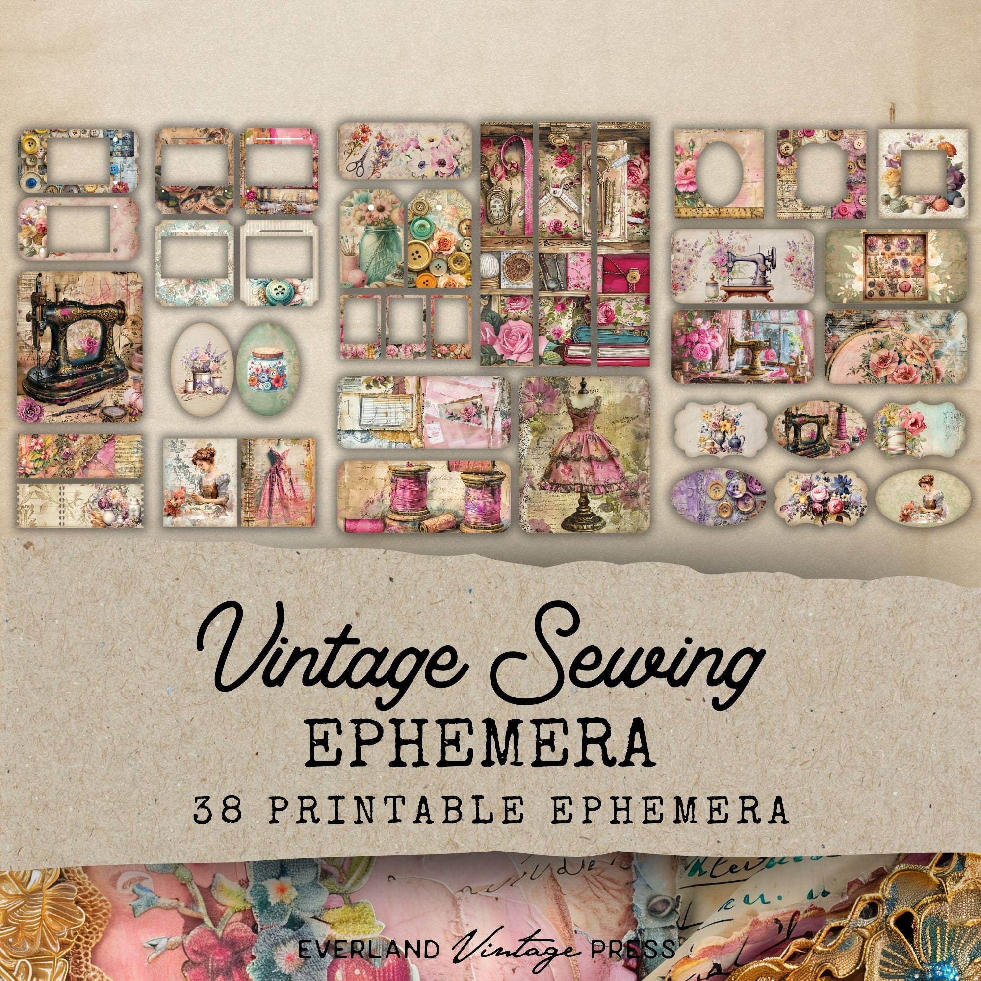 Sewing Theme Printable Junk Journal Ephemera, 38 Printable Junk Journal ...