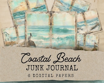 Könnte beinhalten: Sechs digitale Papiere mit Vintage-Bildern einer Strandszene mit Leuchtturm, Segelboot, Pelikan und Wellen. Die Papiere sind mit "Coastal Beach Junk Journal 6 Digital Papers" betitelt und stammen von Everland Vintage Press.