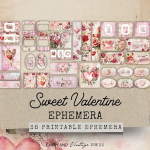 Valentine Junk Journal Folio Ephemera, 38 druckbares Valentine Ephemera Kit, viktorianische Valentinstag Tickets Ephemera, digitale Collage