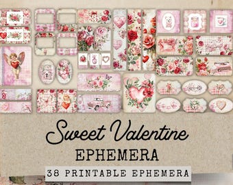 Valentine Junk Journal Folio Ephemera, 38 druckbares Valentine Ephemera Kit, viktorianische Valentinstag Tickets Ephemera, digitale Collage
