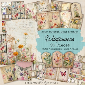 Kit de carnet de notes aquarelle fleurs sauvages - 90 pièces, fleurs sauvages éphémères, suppléments du kit de carnet de notes fleurs sauvages, cartes éphémères, collage numérique