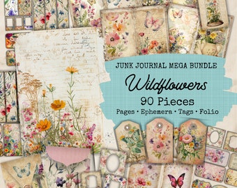 Kit de diario basura con acuarela de flores silvestres (90 piezas), efímeras de flores silvestres, extras del kit, tarjetas efímeras, collage digital