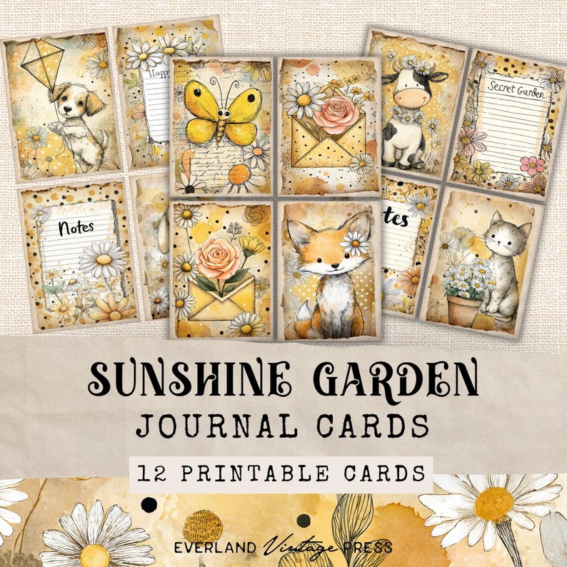 Puede incluir: Un conjunto de 12 tarjetas de diario imprimibles con un dise&ntilde;o vintage. Las tarjetas presentan ilustraciones de animales, flores y sobres en tonos amarillos, crema y marr&oacute;n. Se muestra el texto "Sunshine Garden Journal Cards".