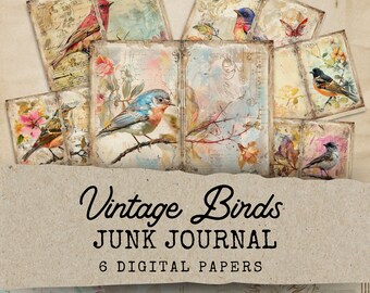 Colorful Digital Art Birds Junk Journal, Vintage Bird Junk Journal Papers, 6 Digital Journal Pages, Printable Ephemera Paper Craft