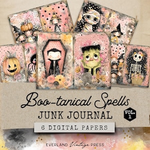 Pink Halloween Junk Journal Kit, Bootanical Spells Journal, Pumpkin Ephemera, Fall Ephemera, Halloween Ephemera,Cute Halloween Junk Journal