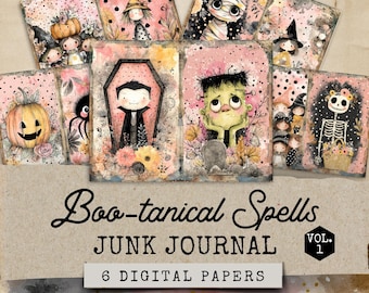 May include: A collection of six digital papers with a Halloween theme. Each paper features a unique illustration of spooky characters like a mummy, Frankenstein, and a vampire, with the text "Boo-tanical Spells" and "Junk Journal".
