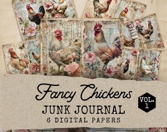 Fancy Chicken Junk Journal Afdrukbaar papier, Fancy Chicken Journal Kits, 6 Digital Farm Life Junk Journal-pagina's, Vintage Farm Folio Kortstondig
