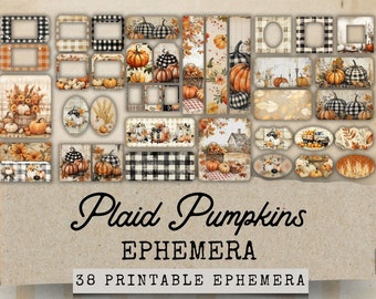 May include: A set of 38 printable digital papers featuring a plaid pattern with pumpkins, fall leaves, and other autumnal elements. The papers are perfect for scrapbooking, card making, and other craft projects.