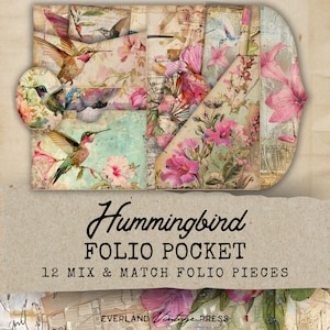 Hummingbird Junk Journal Kit Folio, Folio Pocket Hummingbird Junk Journal Papers, 12 afdrukbare Pocket Efemere, Papiermodellen, Efemere kaarten