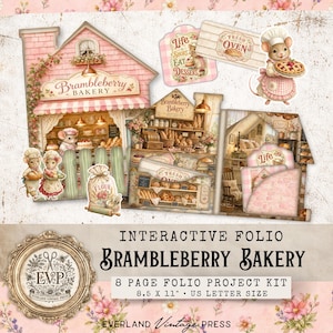 May include: An interactive folio project kit titled Brambleberry Bakery, 8.5 x 11 inches. The kit features die-cut illustrations of a bakery building, mice in chef attire, a flour sack, and signs with text including Life is Short Eat Dessert.