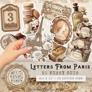 May include: A collection of vintage-style paper cutouts with Parisian themes. Includes images of the Eiffel Tower, macarons, antique portraits, and decorative boxes. The text reads "Letters From Paris" and "30 Fussy Cuts".