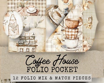 May include: A set of 12 vintage-style paper folio pockets with a coffee house theme. The papers feature a mix of floral patterns, gingham checks, and images of coffee cups and a coffee shop interior. The text "Coffee House Folio Pocket" and "12 Folio Mix & Match Pieces" is printed on the papers. The papers are designed for scrapbooking, card making, and other paper crafts.
