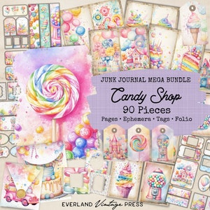 Diario basura de tienda de dulces, papeles de diario basura de arcoíris, diario basura rosa pastel y azul, 6 efímeras digitales de tienda de dulces, papel digital pastel