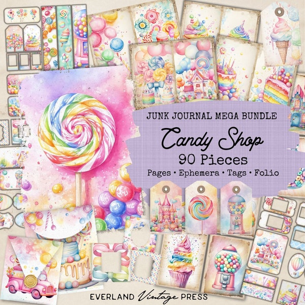 Diario de basura de tienda de dulces, papeles de diario de basura arcoíris, diario de basura rosa y azul pastel, 6 efímeras digitales de tienda de dulces, papel digital pastel