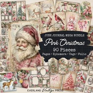 Pink Traditional Christmas Junk Journal Bundle-90 Pieces, Winter Junk Journal Kit Extras, Christmas Folio, Vintage Santa Ephemera