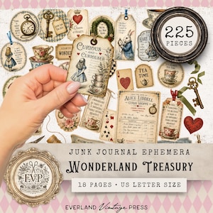 Alice in Wonderland Ephemera Bundle, 250 Junk Journal Pieces, Vintage Wonderland Storybook Tags, Labels,  Alice in Wonderland Junk Journal