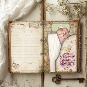 May include: Open vintage recipe book with lined pages, a pocket with floral design, and a key. The book has the words "Recipe Name", "Ingredients", and "Directions". A tag reads "Deliciously Made Moments".