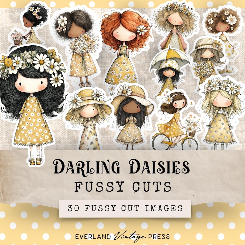 Puede incluir: Una colecci&oacute;n de im&aacute;genes recortadas de "Darling Daisies". Las ilustraciones presentan chicas caprichosas con vestidos amarillos con estampado de margaritas y coronas de flores. El texto incluye "Darling Daisies", "Fussy Cuts" y "30 Fussy Cut Images".