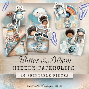 Może przedstawiać: Kolekcja drukowanych spinaczy do papieru z fantazyjnymi ilustracjami zwierząt, tęczy i prezentów. Spinacze do papieru mają różne kształty i rozmiary, z miękką paletą kolorów. Widoczny jest tekst "Flutter & Bloom" i "Hidden Paperclips".