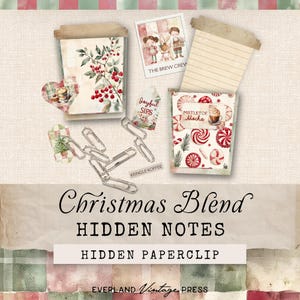 May include: A collage of Christmas-themed paper ephemera, including coffee cup-shaped cards with botanical and candy illustrations, paperclips, and tags. The text includes "Christmas Blend," "Hidden Notes," and "Hidden Paperclip."