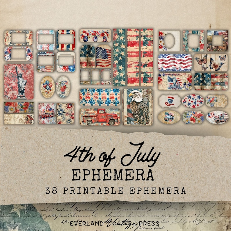 May include: A collection of 38 printable 4th of July ephemera featuring red, white, and blue designs. The ephemera includes stars, stripes, flags, eagles, and other patriotic imagery.