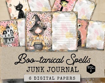 Puede incluir: Una colección de seis papeles digitales con temática vintage de Halloween. Los papeles presentan ilustraciones de un gato negro, una bruja, una casa embrujada y un esqueleto. Se muestra el texto "Boo-tanical Spells" y "Junk Journal".