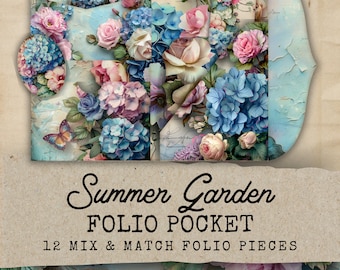 Summer Garden Folio, 12 flower folio pocket printable Ephemera, Shabby Chic Floral Junk Journal Kit Extras, Digital Collage, Folio Pocket