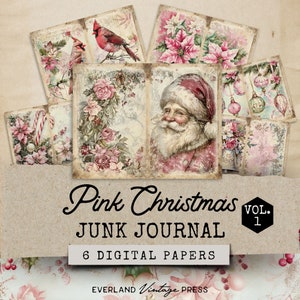 Pink Traditional Christmas Junk Journal Kit, Winter Floral Junk Journal Kit, 6 Digital Christmas Journal Pages, Christmas Ephemera