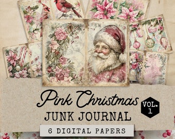 Pink Traditional Christmas Junk Journal Kit, Winter Floral Junk Journal Kit, 6 Digital Christmas Journal Pages, Christmas Ephemera