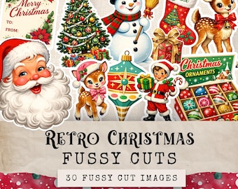 Puede incluir: Colección de imágenes recortadas de Navidad retro, que incluyen a Papá Noel, un muñeco de nieve, un árbol de Navidad, ciervos y adornos. El texto dice "Merry Christmas" y "Christmas Ornaments". Contiene 30 imágenes.