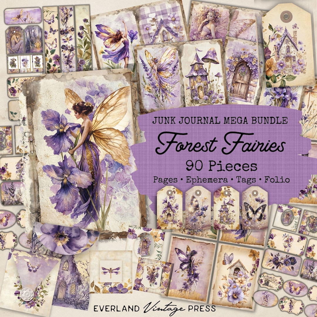 Purple and Gold Fairy Junk Journal Bundle-90 Pieces, Elven Forest Junk ...