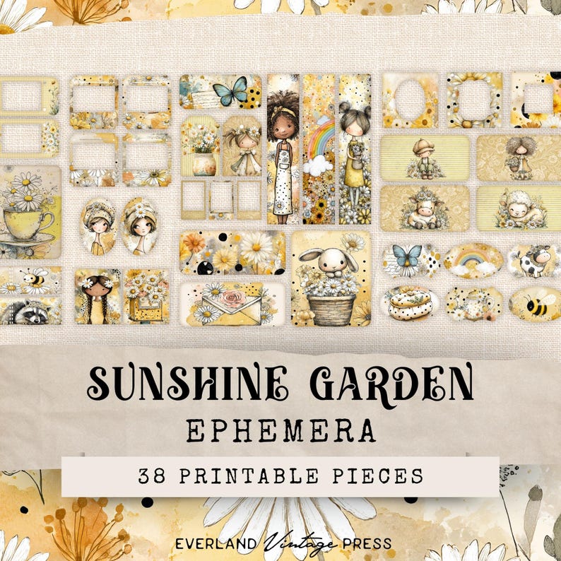 Puede incluir: Una colecci&oacute;n de 38 piezas de ef&iacute;meras imprimibles con el tema "Jard&iacute;n Soleado". Los dise&ntilde;os presentan ilustraciones de margaritas, mariposas, conejitos y personajes caprichosos en amarillo y blanco. Se muestra el texto "Sunshine Garden Ephemera".