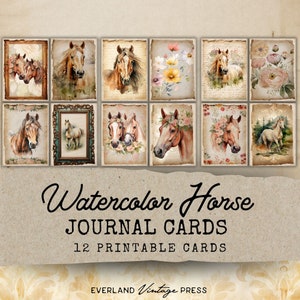 Tarjetas de diario basura con caballos en acuarela, 12 tarjetas de diario basura efímeras imprimibles, kit de diario basura de vaquera occidental, efímeras imprimibles