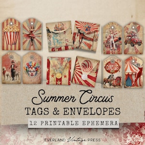 Circus Junk Journal Kits Tags & Envelopes, Vintage Circus Tags, Circus Junk Journal Kit Extras, Circus Junk Journal Ephemera, Paper Craft