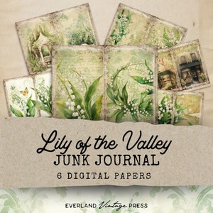 Lily of the Valley Junk Journal Kit, Lily of the Valley Junk Journal Papers, 6 Digital Journal Pages, Shabby Chic Printable Ephemera