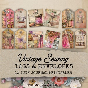 Sewing Theme Printable Junk Journal Tags & Mini Envelopes, Sewing Junk Journal Kit Extras, Printable Ephemera, Paper Craft, Digital Collage