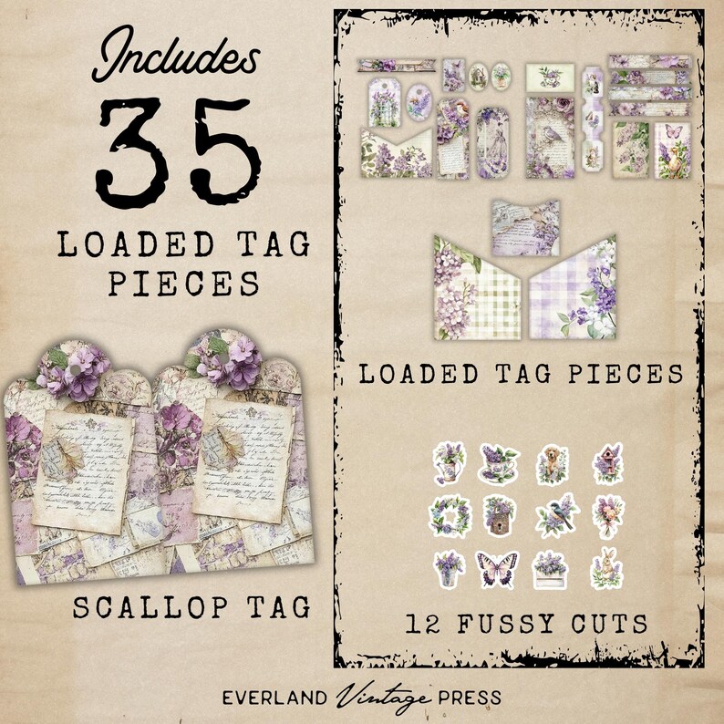 Loaded Tag Insert Lovely Lilacs Spring Loaded Tags, Loaded Pocket Tag Kit, Vintage Shabby ...