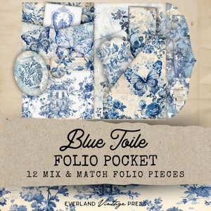 Folio pour journal indésirable en toile bleu, 12 fleurs éphémères imprimables de poche, papillons et fleurs sauvages pour kit de journal indésirable, cartes éphémères