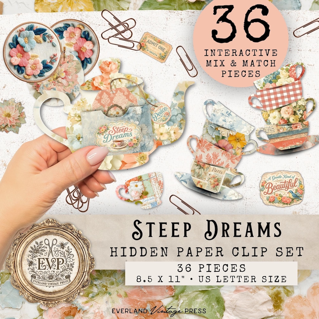 Shabby Chic Tea Hidden Paperclip, Junk Journal Digital Products Vintage ...
