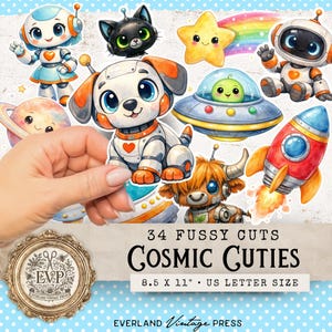 May include: A sheet of 34 Cosmic Cuties fussy cut stickers. The stickers depict cute cartoon characters such as robots, a dog, a cat, a star, an alien in a UFO, a rocket, and a bull. The stickers are 21.6 x 27.9 cm in size.