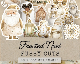 Puede incluir: Colección de imágenes recortadas "Frosted Noel". Las imágenes incluyen a Papá Noel, ángeles, un muñeco de nieve, un hombre de jengibre, un gnomo, una casa, una linterna, un trineo y arreglos florales. La paleta de colores es principalmente blanca, dorada y beige.