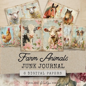 May include: Six digital papers featuring vintage illustrations of farm animals, including a rooster, cows, sheep, horses, and dogs. The papers have a rustic, farmhouse aesthetic with floral accents and a distressed background. The text "Farm Animals Junk Journal 6 Digital Papers" is displayed at the bottom of the image.