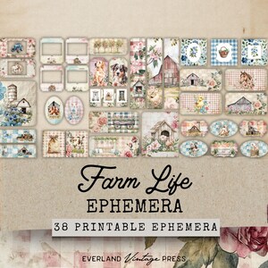May include: A set of 38 printable farm-themed digital papers and elements. The images feature a variety of farm animals, buildings, and plants in a vintage style. The text "Farm Life Ephemera" and "38 Printable Ephemera" is included in the image.