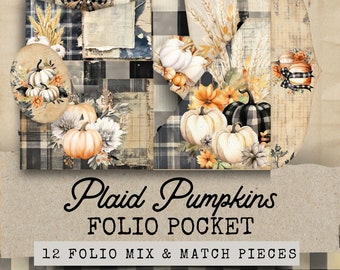 Plaid Pumpkins Fall Junk Journal Folio, 12 Printable Pocket Ephemera,Pumpkin Junk Journal Kit Extras, Ephemera Cards, Fall Folio Pocket
