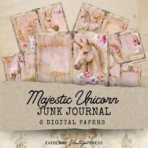 Unicorn Junk Journal Kit, Unicorn Junk Journal Printable, Vintage Junk Journal Kit, 6 Digital Journal Pages, Paper Craft