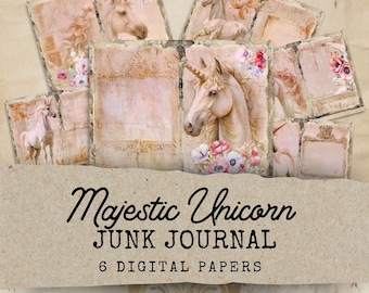 Unicorn Junk Journal Kit, Unicorn Junk Journal Printable, Vintage Junk Journal Kit, 6 Digital Journal Pages, Paper Craft