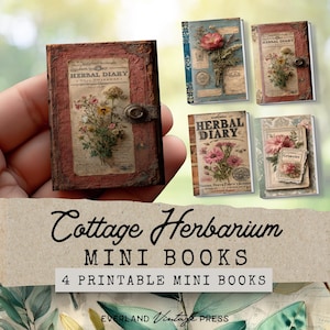 May include: A collection of miniature books with vintage floral designs. One book is held in a hand, featuring a red cover with the text "HERBAL DIARY." The other books have floral illustrations and the text "Cottage Herbarium MINI BOOKS 4 PRINTABLE MINI BOOKS."