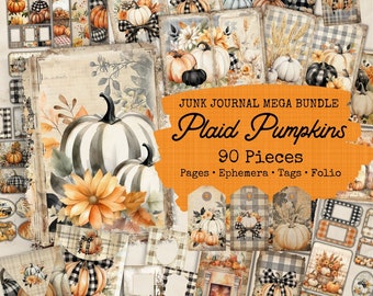 Può includere: Un kit di scrapbooking digitale con 90 pezzi con zucche a quadri, foglie autunnali e altri elementi autunnali. Il kit include pagine, ephemera, etichette e un folio. Il testo "JUNK JOURNAL MEGA BUNDLE Plaid Pumpkins 90 Pieces Pages Ephemera Tags Folio EVERLAND Vintage PRESS" è visibile nell'immagine.