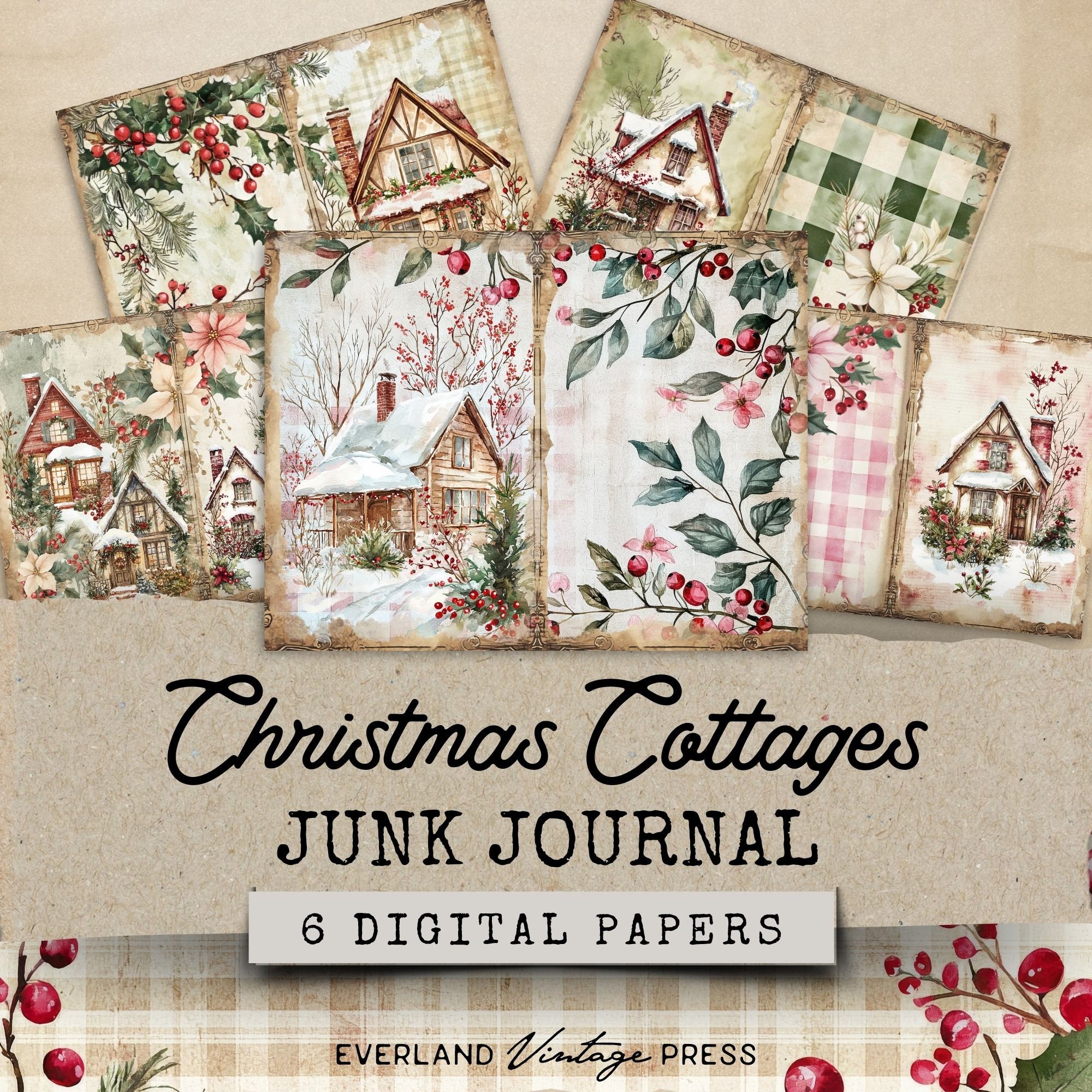 Cottage Christmas Junk Journal Bundle-90 Pieces, Rustic Christmas Junk ...